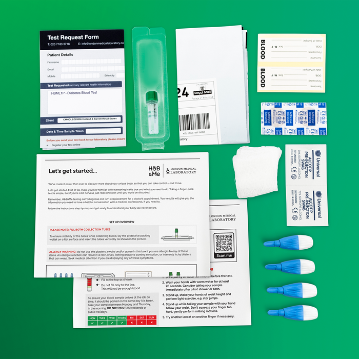 At-home blood sample collection kit with instructions and materials for sending to a laboratory.