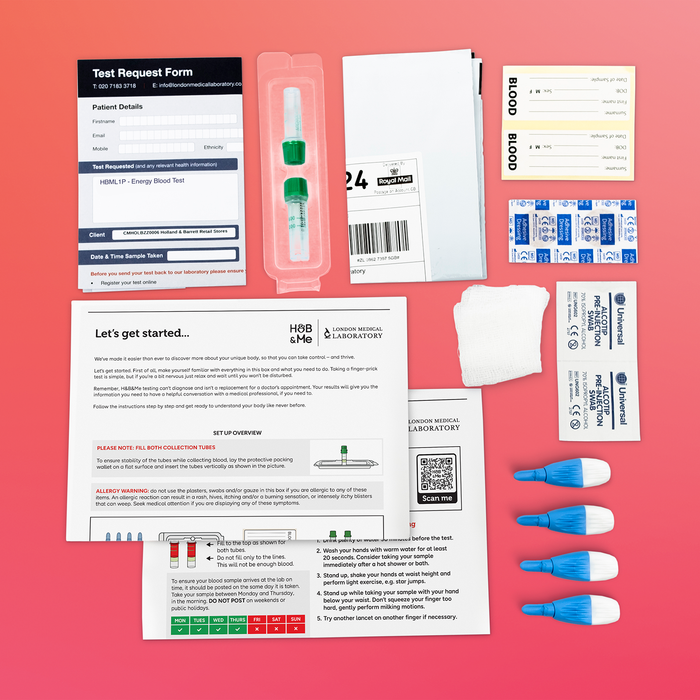 At-home blood sample collection kit with instructions and materials for sending to a laboratory.