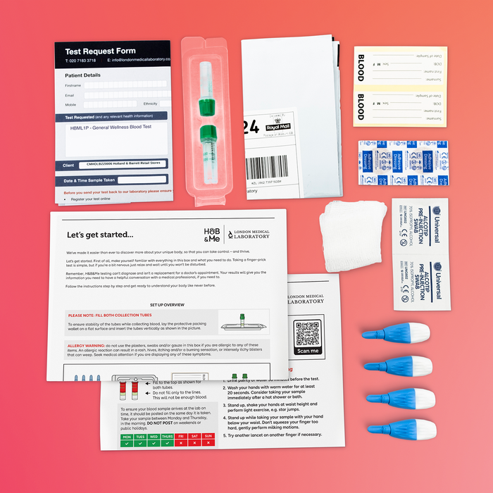 At-home blood sample collection kit with instructions and materials for sending to a laboratory.