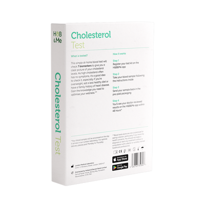 A cholesterol test kit packaging with instructions.