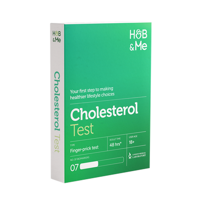 Home cholesterol finger prick test kit packaging.