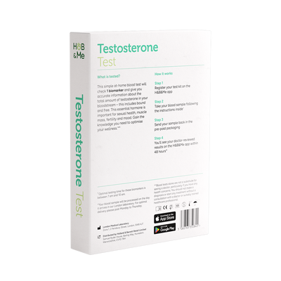 Packaging for a Testosterone Blood Test with instructions.