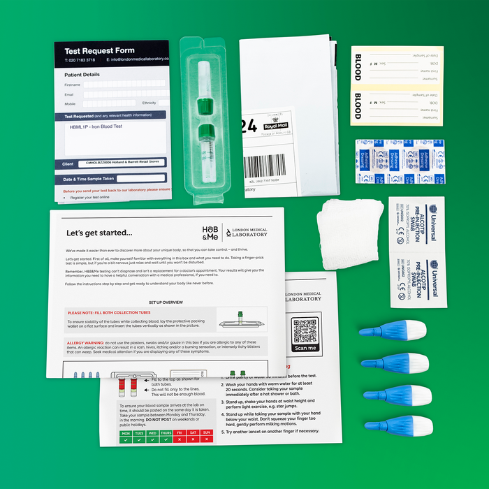 At-home blood sample collection kit with instructions and materials for sending to a laboratory.