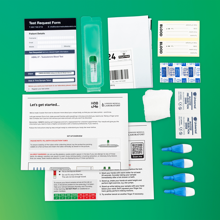 At-home blood sample collection kit with instructions and materials for sending to a laboratory.