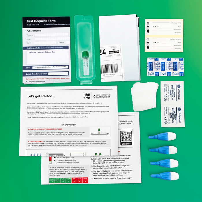 At-home blood sample collection kit with instructions and materials for sending to a laboratory.